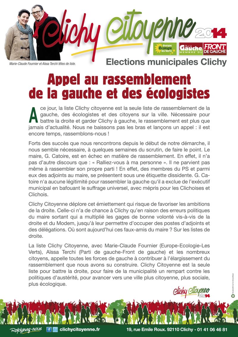 Appel rassemblement de la gauche et écologiste